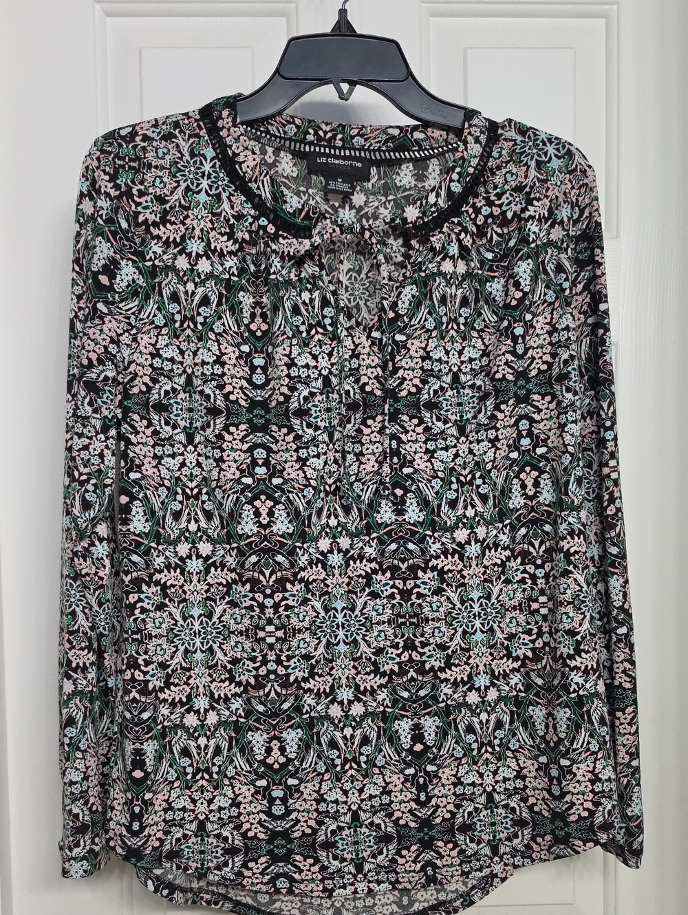 Liz Claiborne Black Floral-Print Long Sleeve Blouse with Pink and Green Accents - Picture 1 of 1